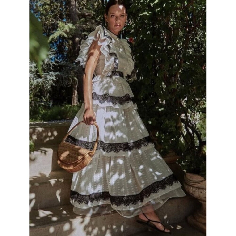 Hunter Bell Annabelle Tiered Organza Lace Maxi Dress Size 2 Retail $695